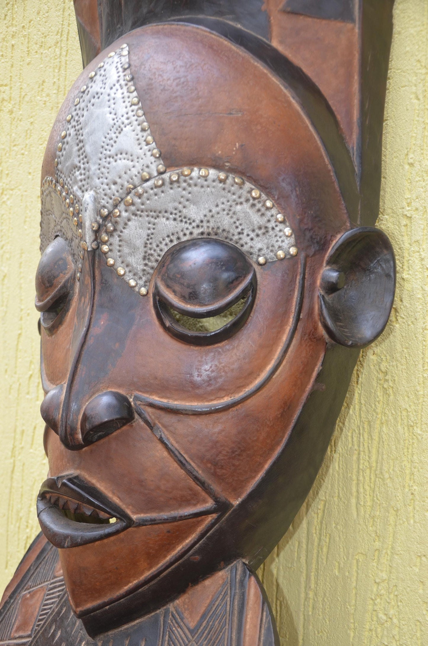 Marka African Mask – 34" Large Hand-Carved Wood & Brass Mask – Mali Wall Art.