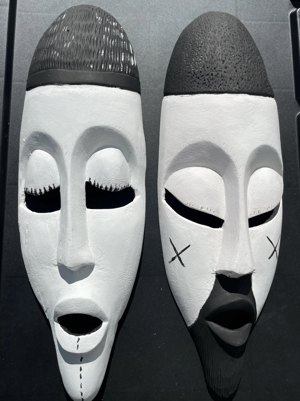 Rwandan Bagiri Mask Pair â€“ 17" Hand-Carved African Wood Wall Art, Black & White Face Masks