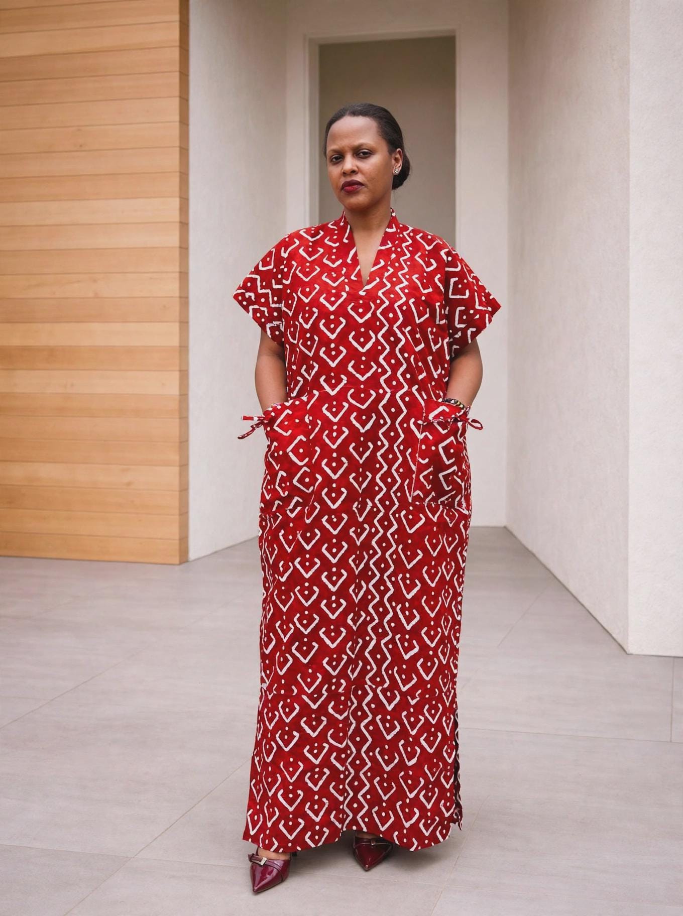 Geometric Rhombus Boubou Gown | Monochromatic Red Kaftan, Chevron-Frame Maxi