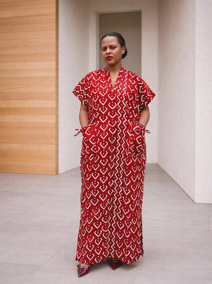 Geometric Rhombus Boubou Gown | Monochromatic Red Kaftan, Chevron-Frame Maxi
