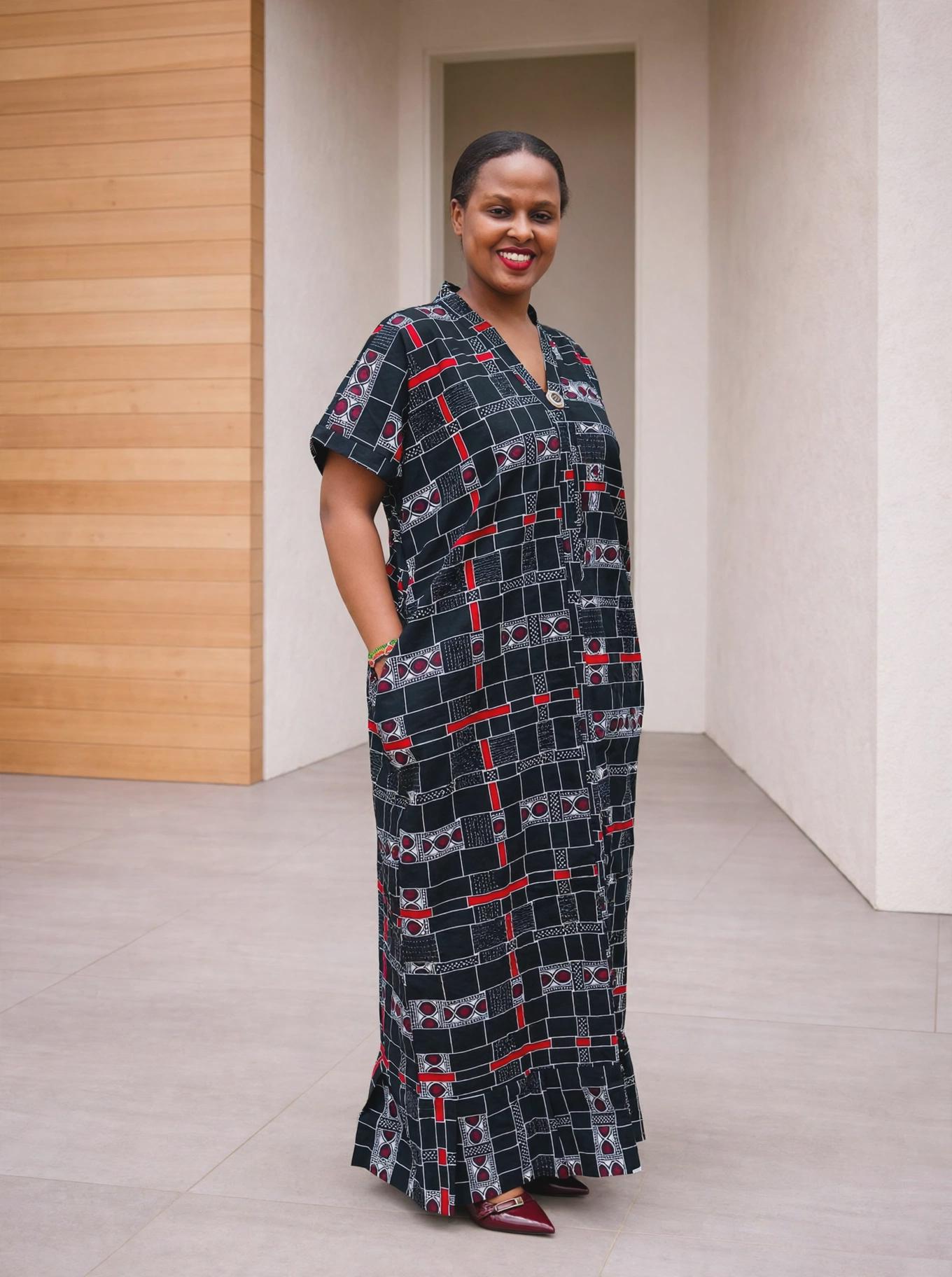 Geometric Plaid African Shirt Kaftan | Buttoned Grid Boubou, Monochromatic Maxi
