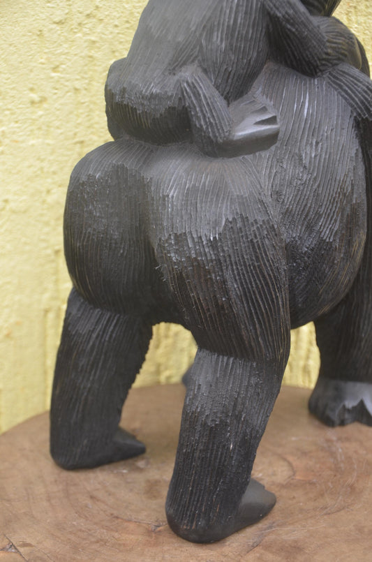 Hand-Carved African Mother and Baby Gorilla Wood Sculpture