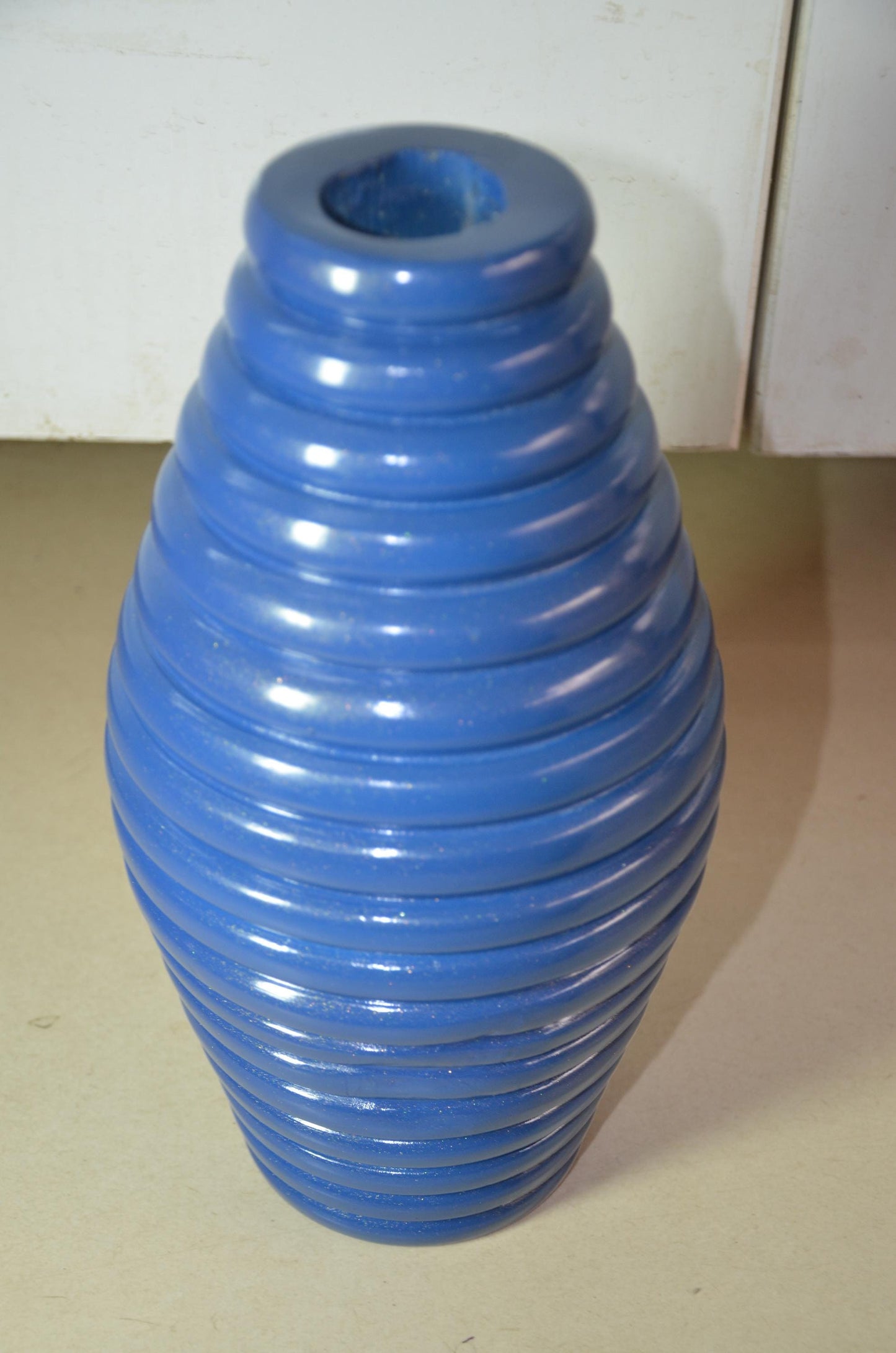Large Blue Wooden Ribbed Vase | Cobalt Beehive Ringed Vessel | Modern Nordic Home Decor Accent Piece | Minimalist Handcrafted Wood Art