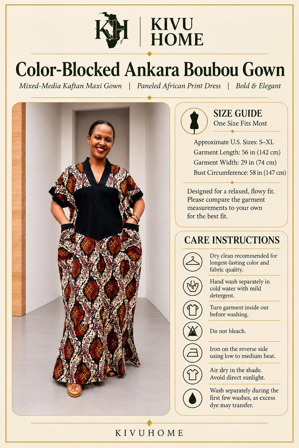 Color-Blocked Ankara Boubou Gown | Mixed-Media Kaftan Maxi, Paneled Dress