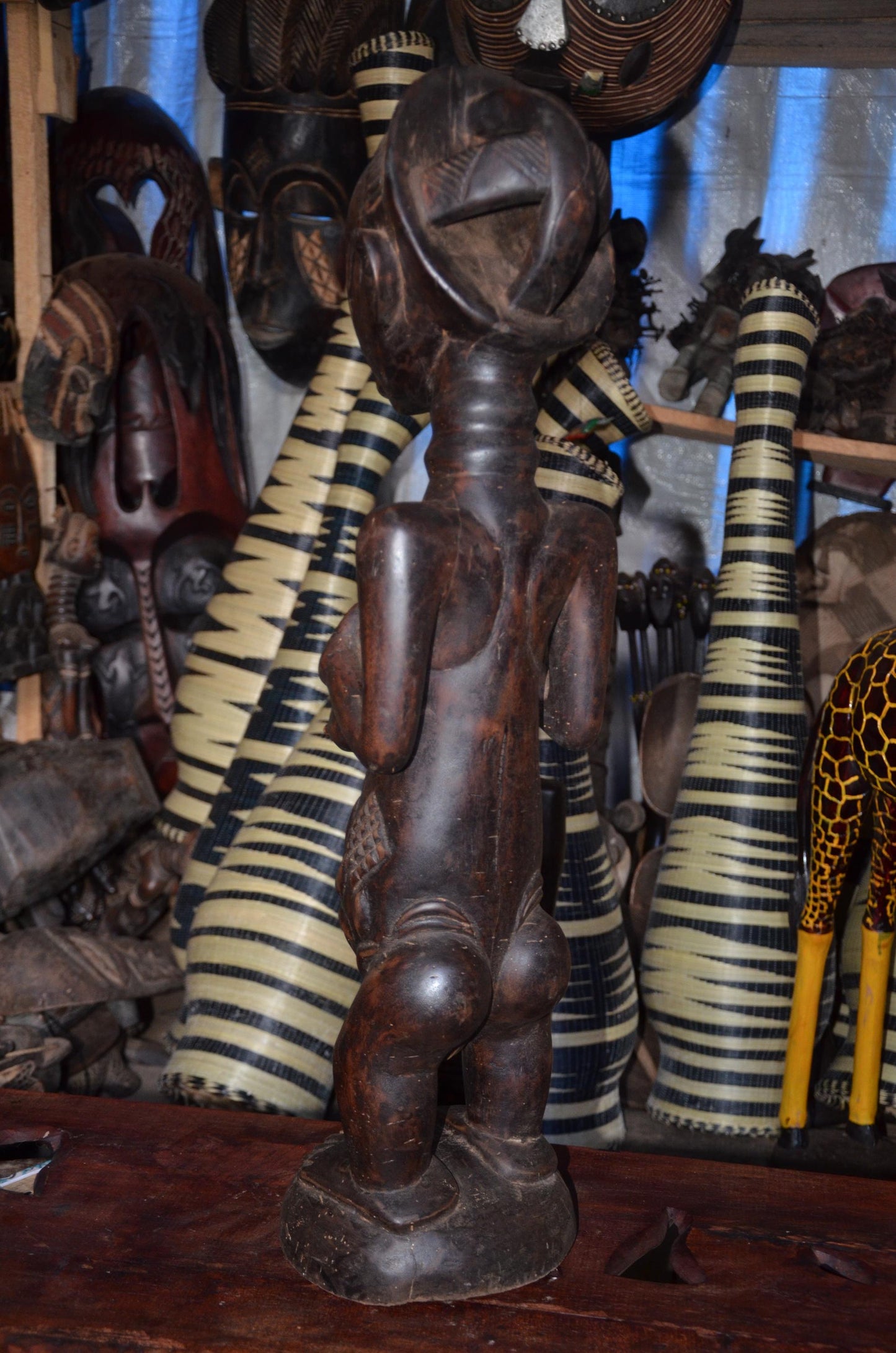 Luba Female Ancestor Fertility Figure - 29" Authentic Congo Wood Statue, Intricate Body Scarification, Prestige Tribal Art.