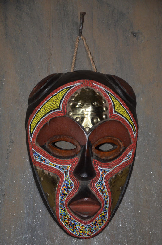 Marka Beaded Mask – 13" Hand-Carved Wood & Brass Mask – Mali Tribal Decor.