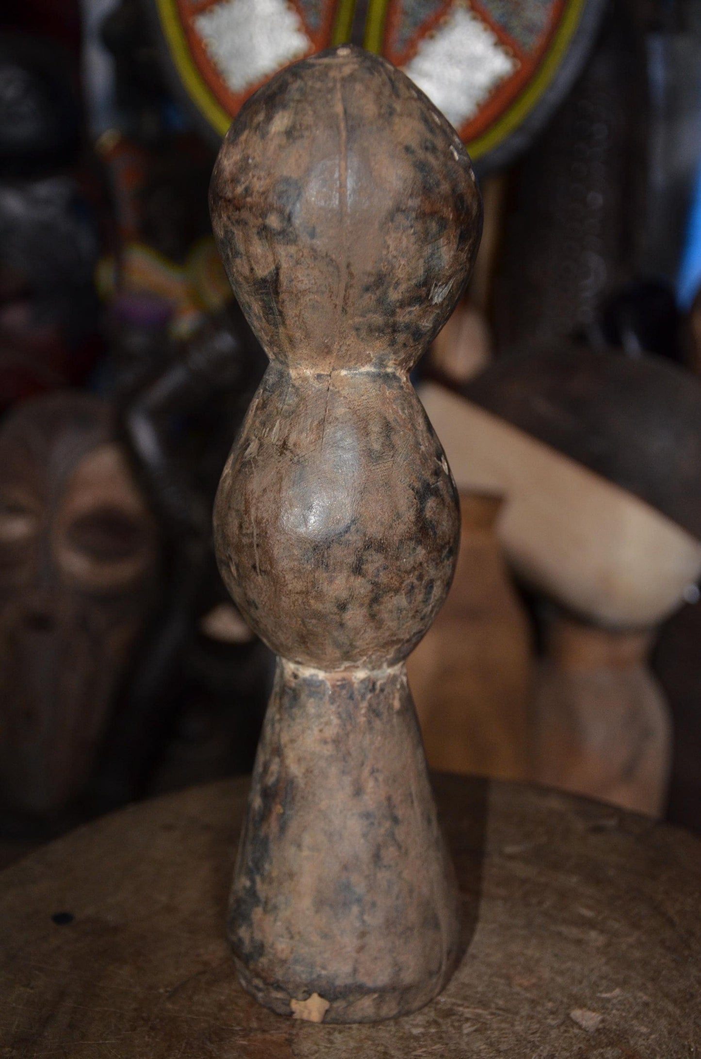 Authentic Lega Multi-Headed Figure - 13" Hand-Carved Wood Sakmatwematwe Sculpture, Traditional Kaolin Clay Patina.