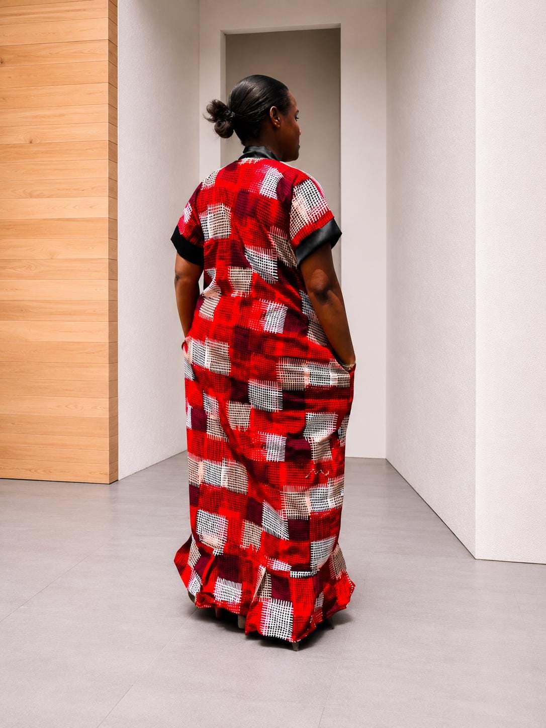 Open-Front Plaid Kampala Gown | Red Geometric Silk Kaftan, Satin-Placket Adire