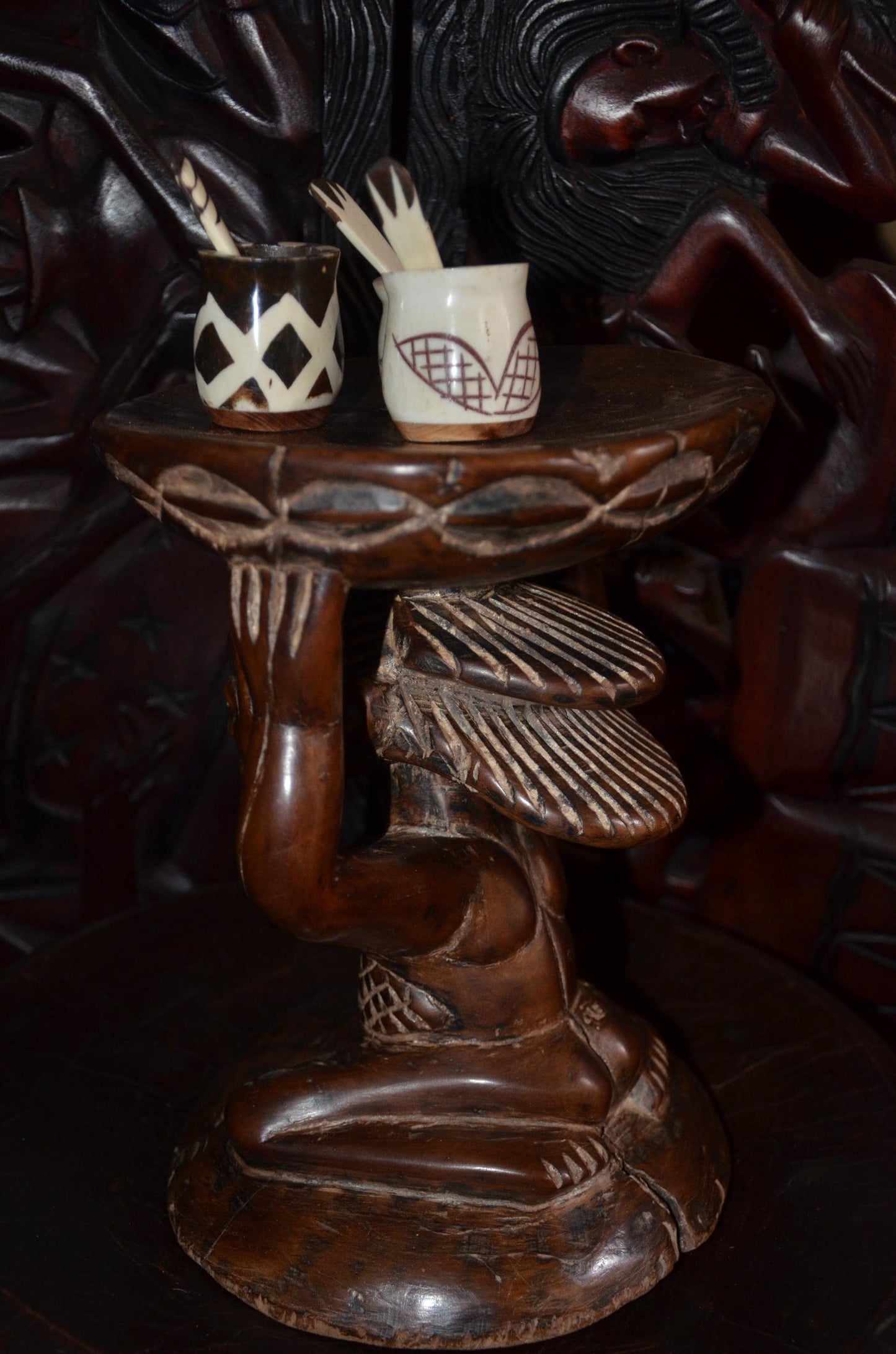 Luba Caryatid Stool – 11" Hand-Carved Wood Sculpture – Congo Tribal Art