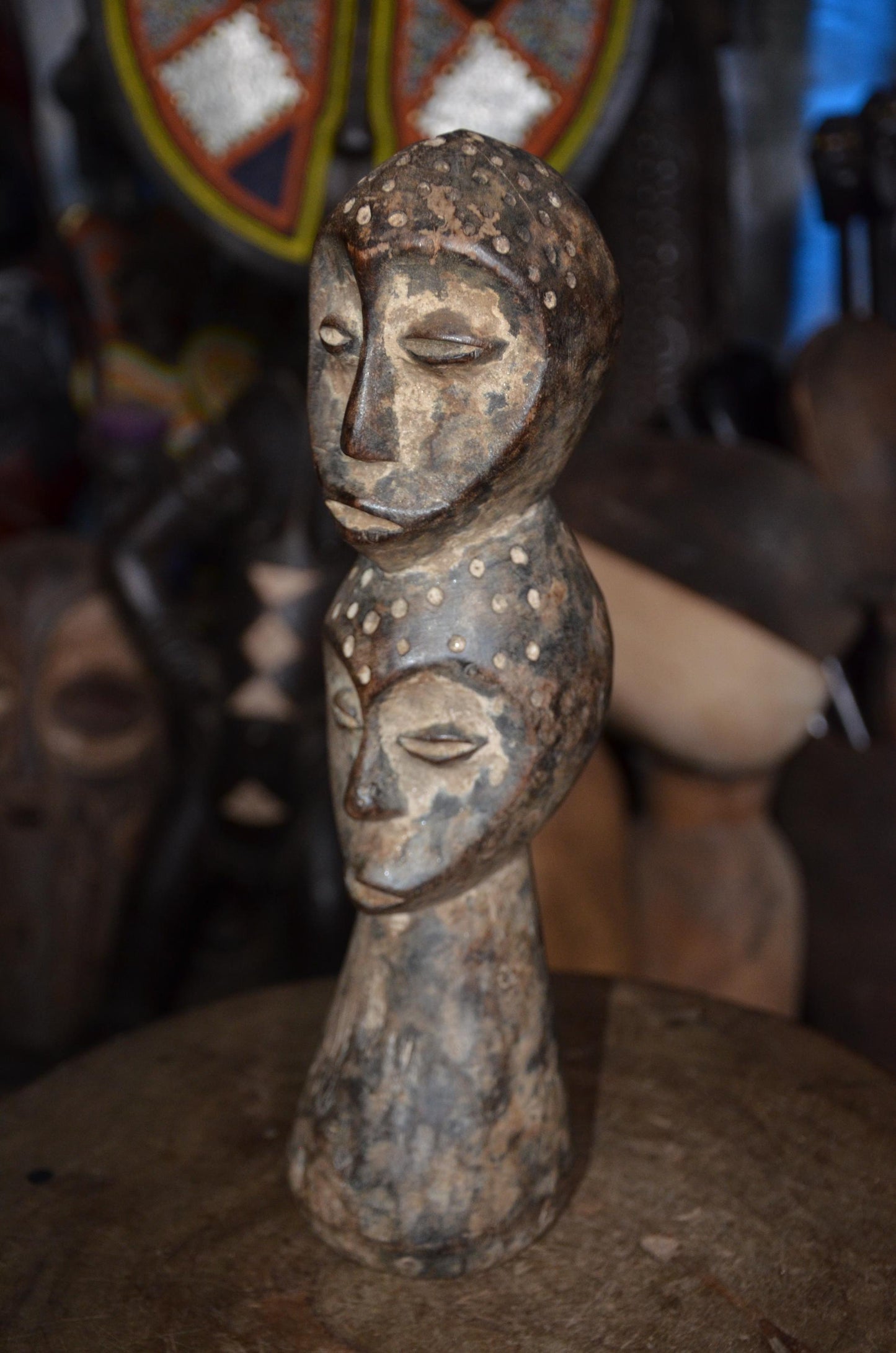 Authentic Lega Multi-Headed Figure - 13" Hand-Carved Wood Sakmatwematwe Sculpture, Traditional Kaolin Clay Patina.