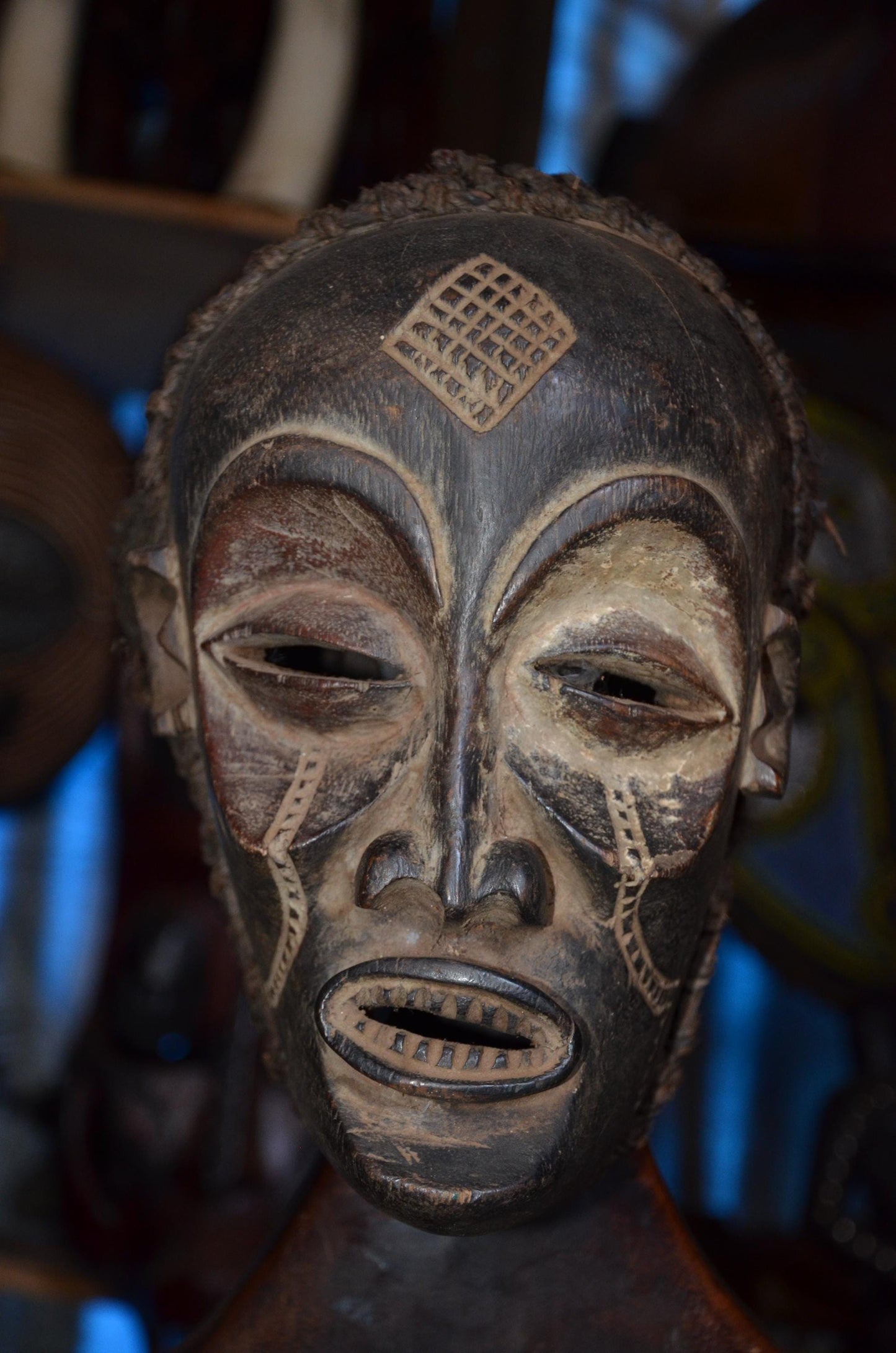 Authentic Chokwe Pwo Mask - 14" Hand-Carved Wood Female Ancestor Portrait Sculpture, Traditional Kaolin Infill.