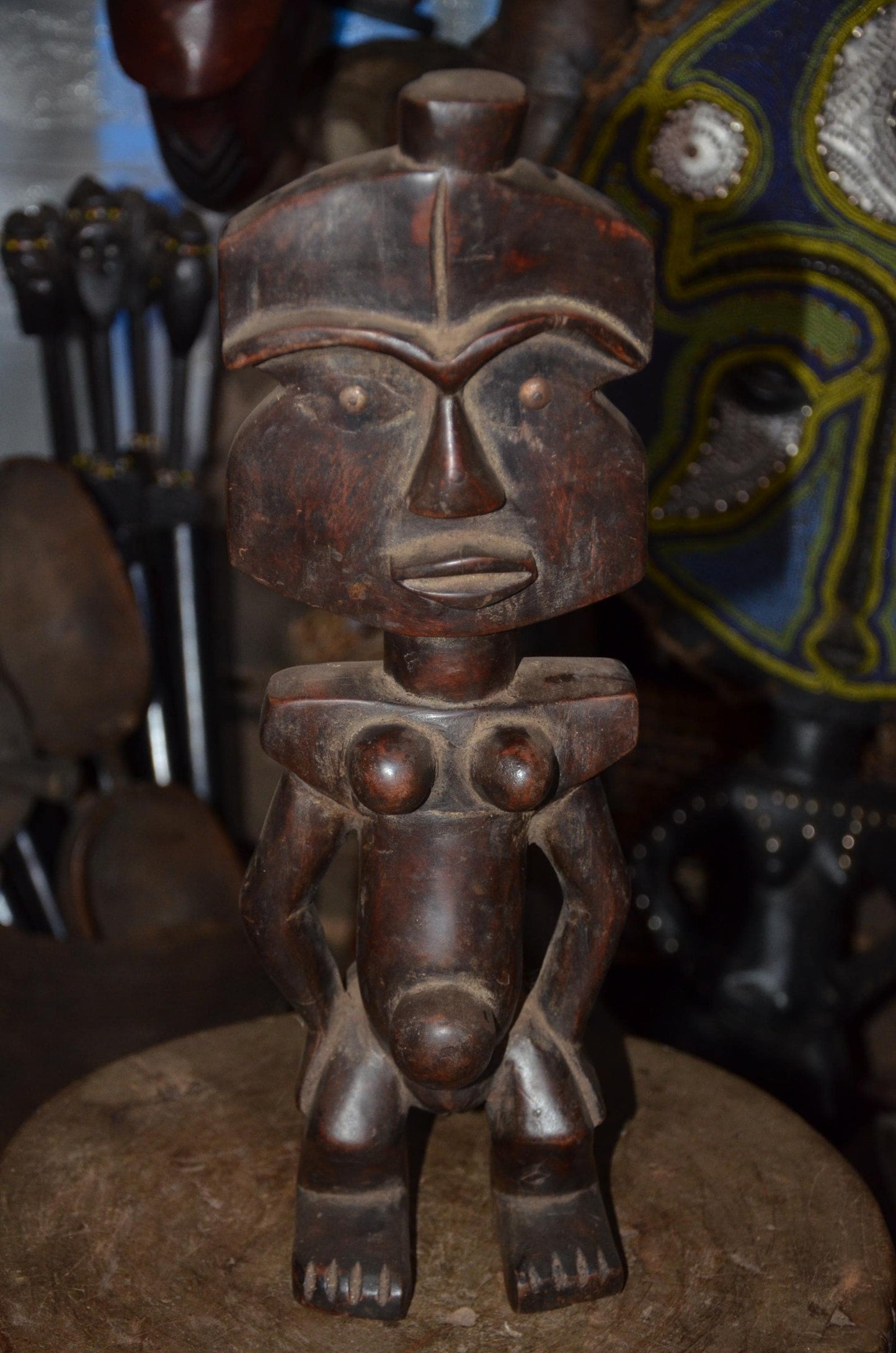 Fang Reliquary Guardian Figure - 17" Authentic Gabon Eyema Byeri Wood Statue, Cubist Geometry Ancestor Carving.