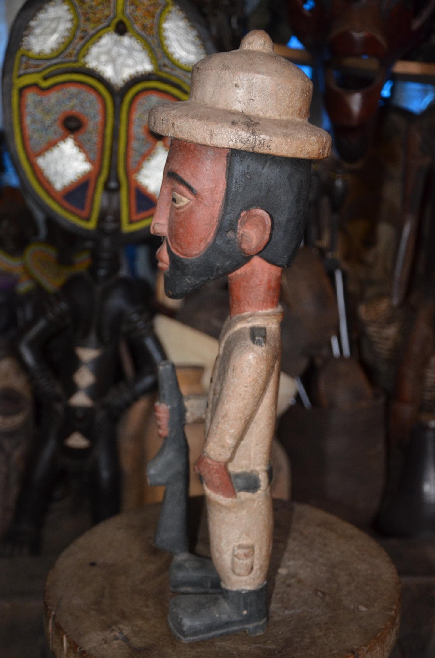 Large African Colon Statue - 28" Hand-Carved Wooden Colonial Soldier Figurine, Armed Guard / Hunter with Rifle.