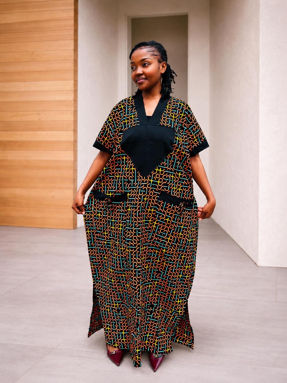 Tie-Front Ankara Kimono Maxi | Cuffed Satin-Trim Boubou, Red Gown