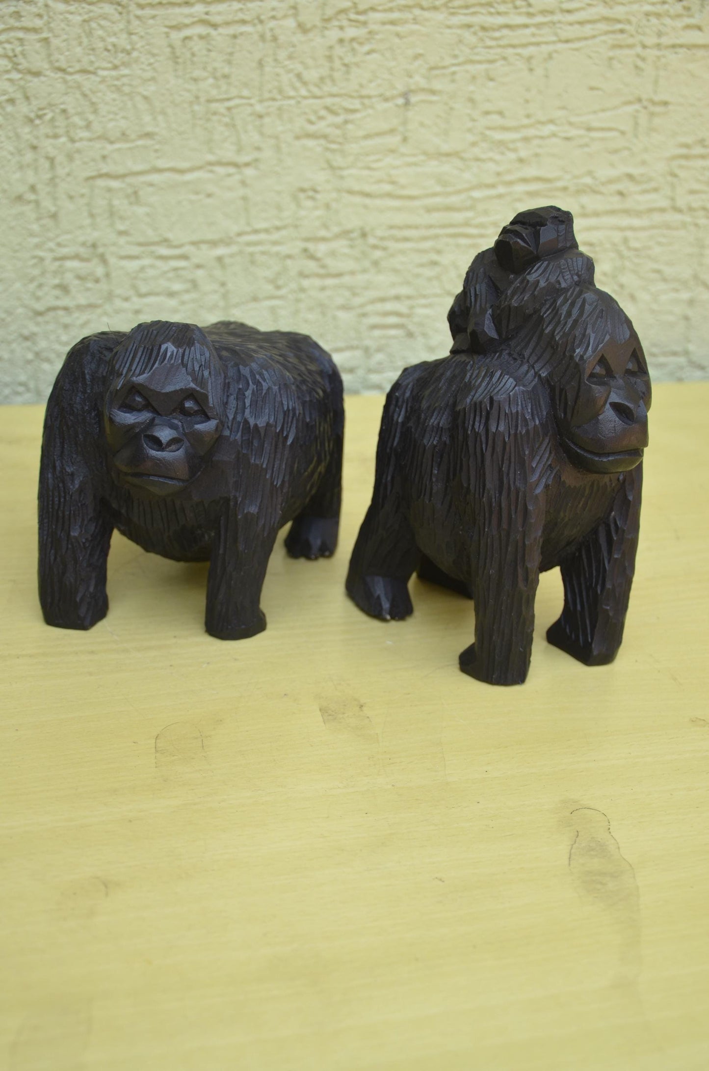 Hand Carved Wooden Gorilla Family Sculpture | Wildlife Art