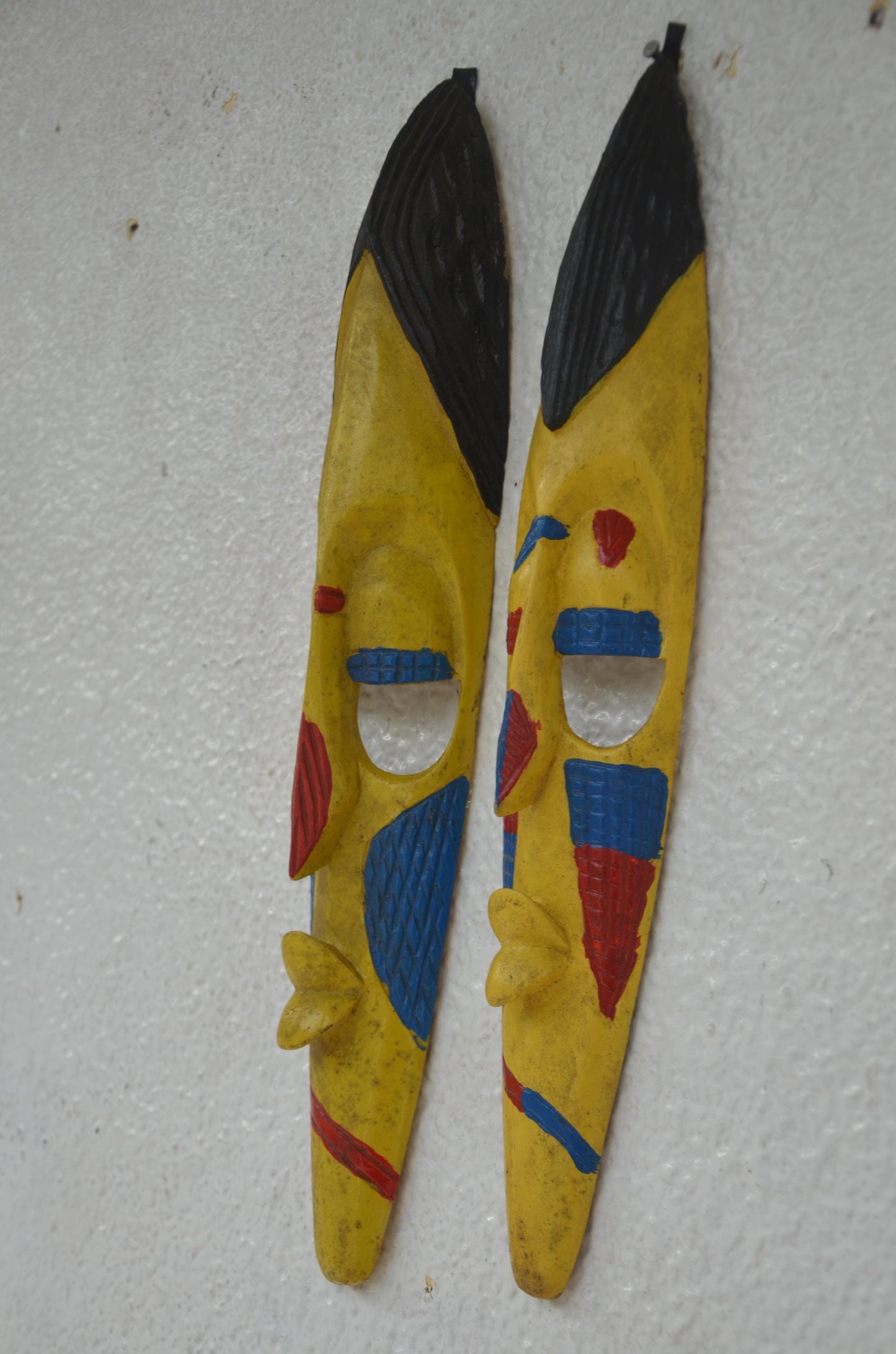 Hand-Carved Nyiginya Kingdom Sunshine Yellow Wooden Facemask Couple | African Tribal Wall Art Decor