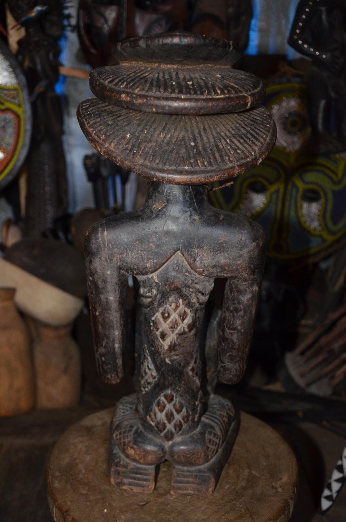 Luba Female Bowl Bearer | Mboko Wood Sculpture | Authentic Congolese Tribal Art