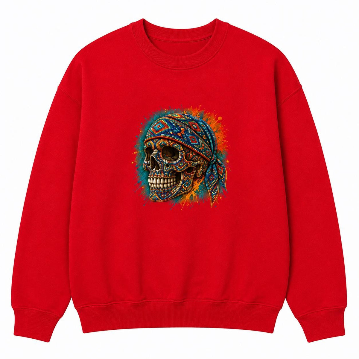 African Inspired Skull Sweatshirt, Colorful Geometric Skull Crewneck, Halloween Streetwear