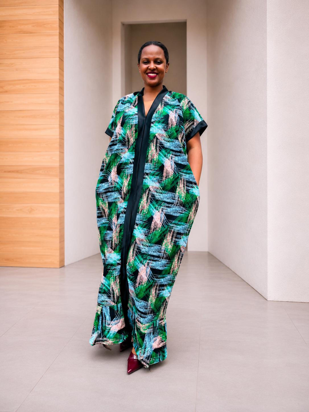 Open-Front Kampala Maxi Gown | Brushstroke Silk Kaftan, Adire Boubou