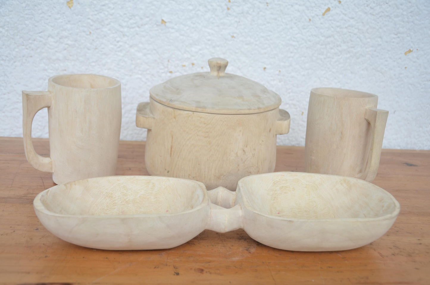 Hand-Carved Wooden Food Dish and Mug Set | Artisan African Kitchen Decor