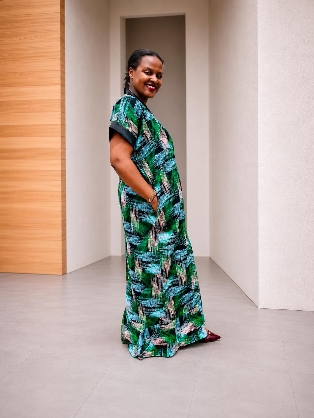 Open-Front Kampala Maxi Gown | Brushstroke Silk Kaftan, Adire Boubou