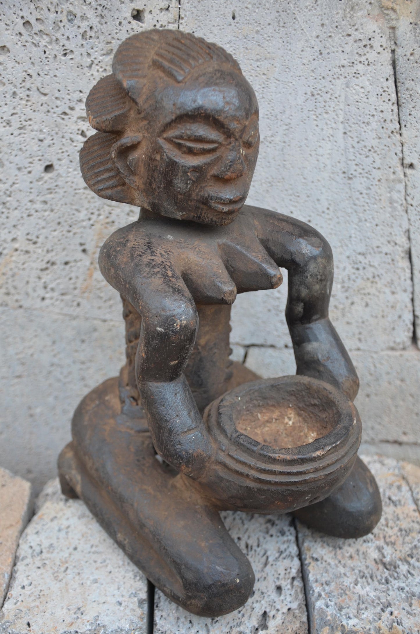 Authentic Luba Bowl Bearer Statue | Congolese Tribal Art | Hand-Carved