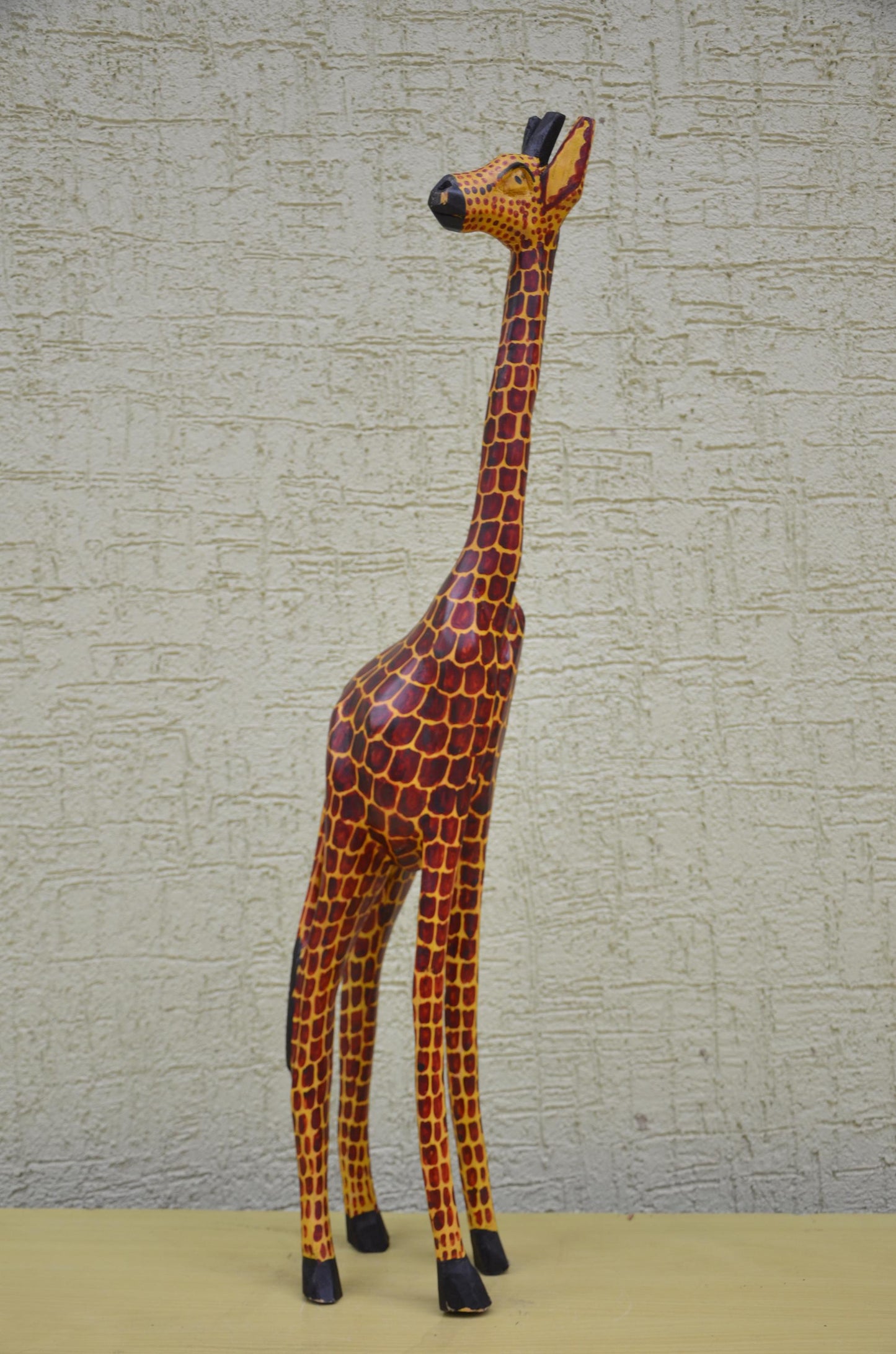 Hand-Painted Wooden Giraffe Sculpture | Towering African Wildlife Art Figurine