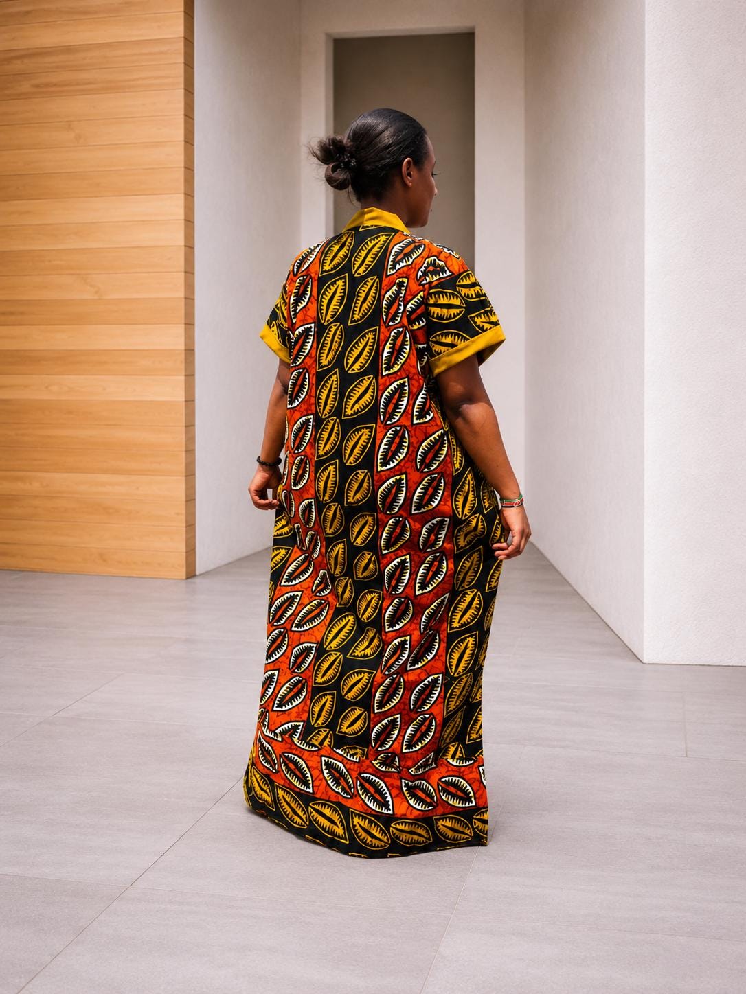 Color-Blocked Mustard Leaf Kaftan | Paneled Botanical Maxi, Trimmed Bubu