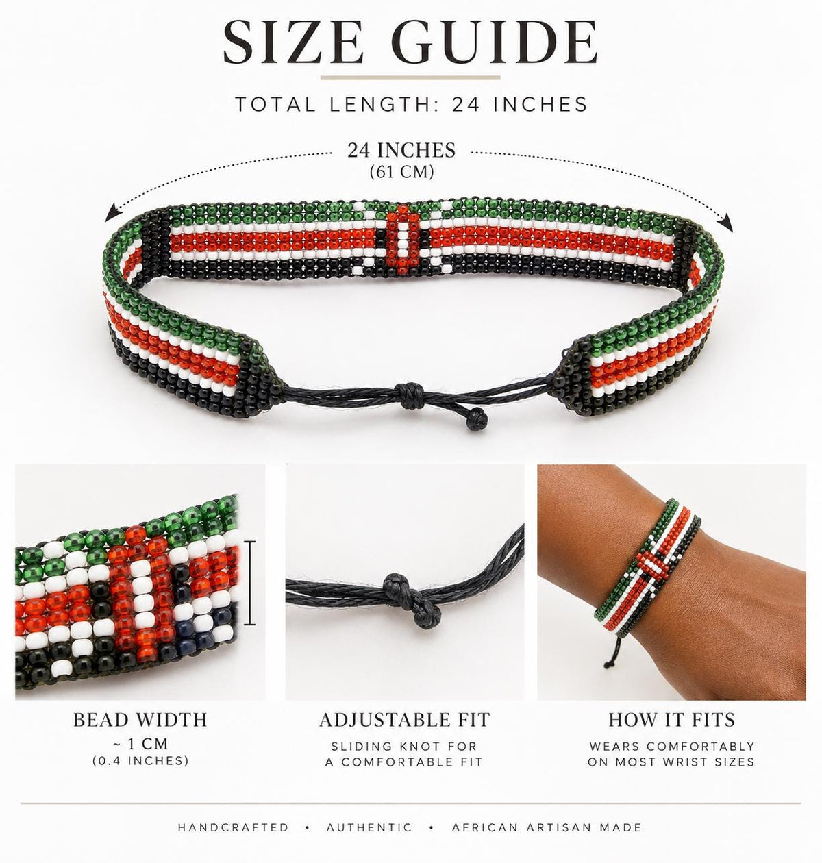 Kenyan Flag Beaded Bracelet â€“ Handmade African Jewelry, Black Red Green & White