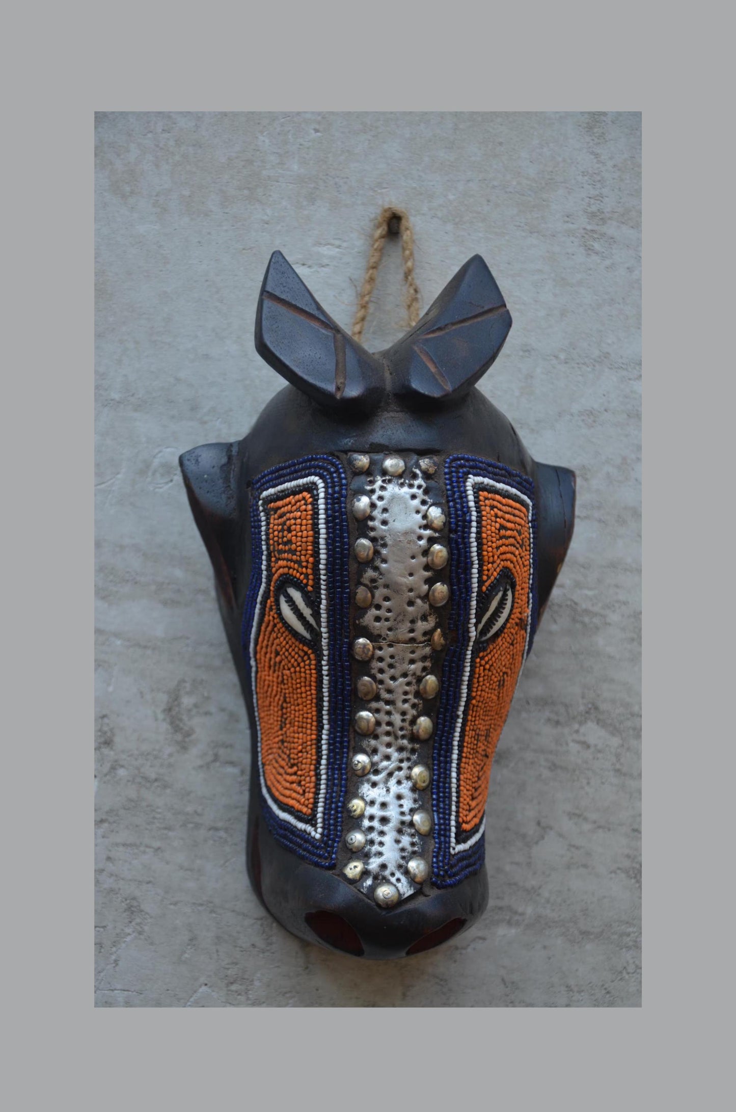 Bamum Beaded Animal Mask – 11" Cameroon Buffalo Wall Art – Tribal Home Decor