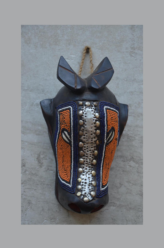Bamum Beaded Animal Mask – 11" Cameroon Buffalo Wall Art – Tribal Home Decor