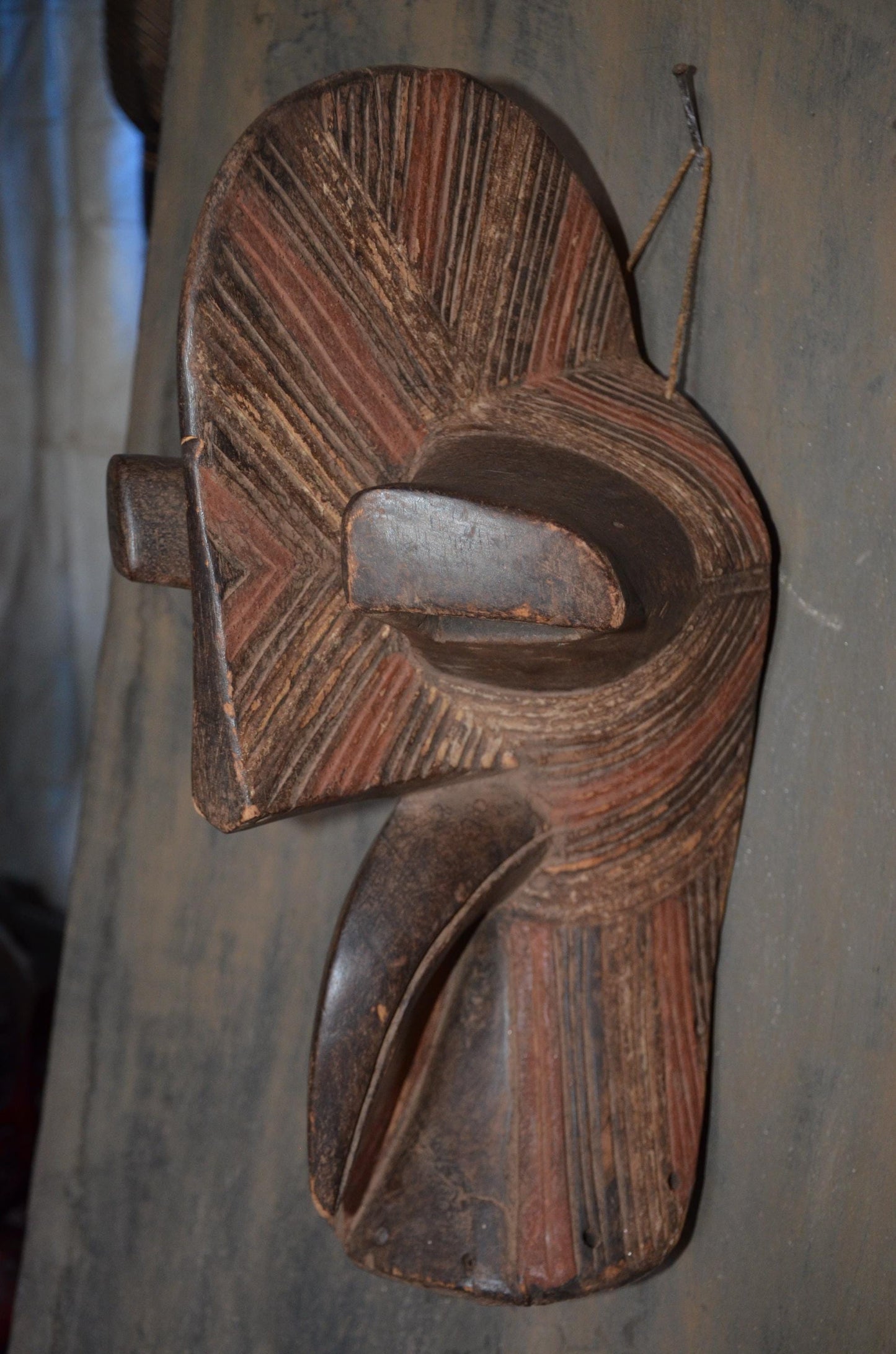 Authentic Songye Kifwebe Male Mask - 20" Hand-Carved Wood Striated African Mask, High-Relief Sagittal Crest.