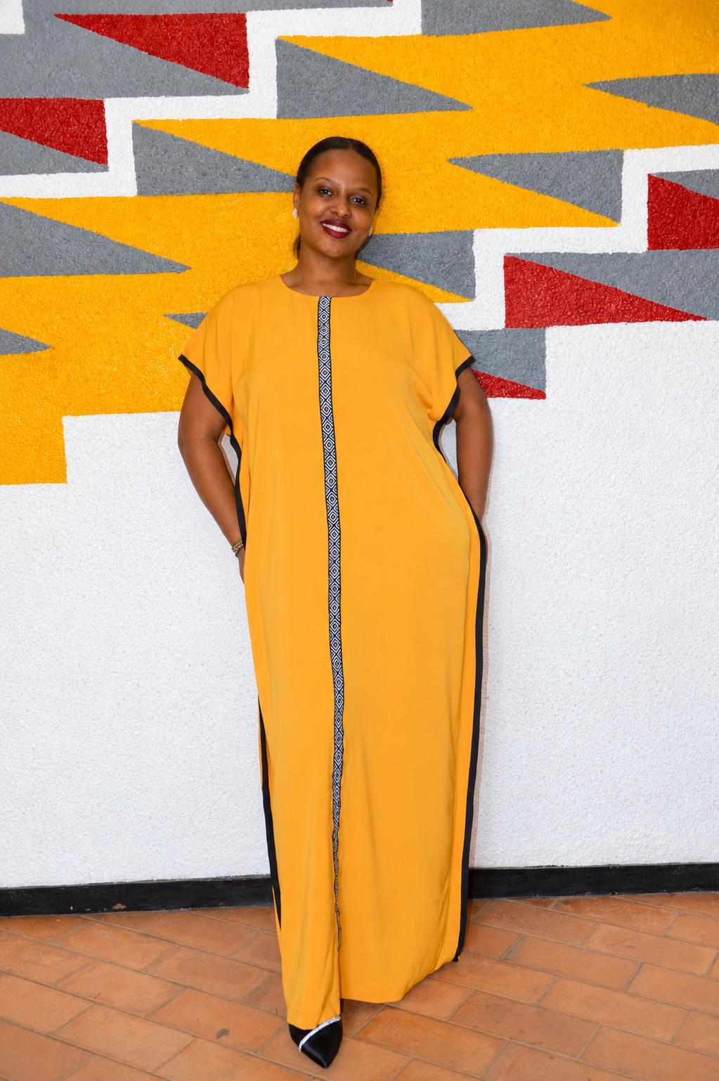Minimalist Mustard Yellow Boubou Gown | Plain Kaftan with Patterned Placket, Solid Maxi