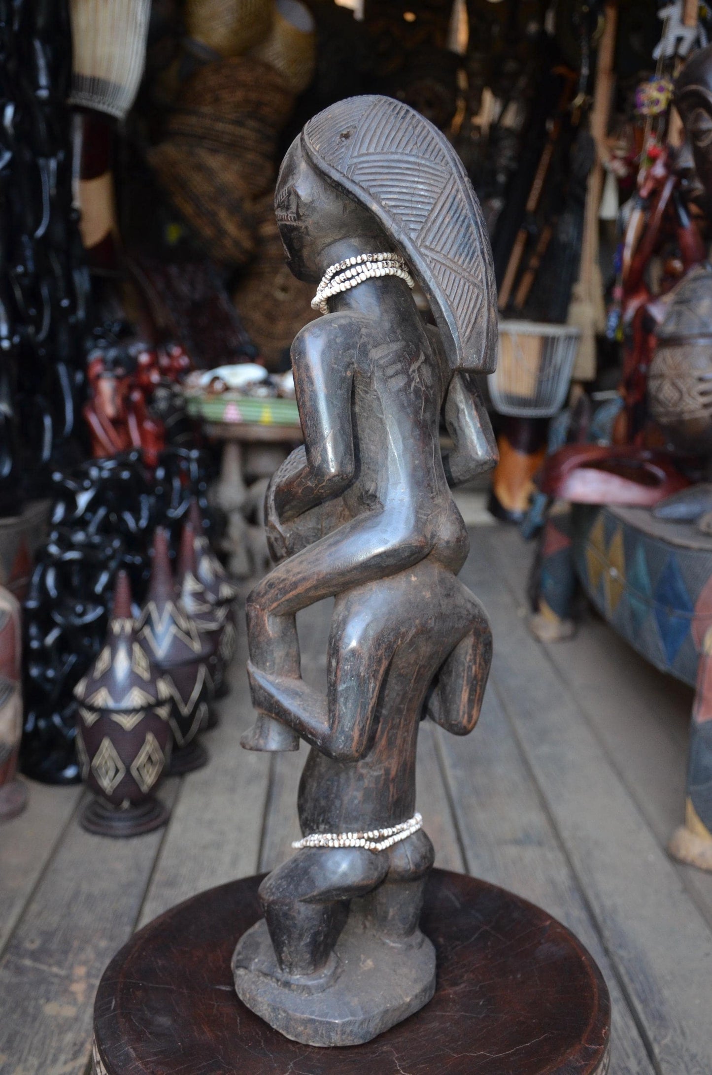 Authentic Luba Dual-Figure Statue – Hand-Carved Wood Ancestor Sculpture, Beaded Accent Congo