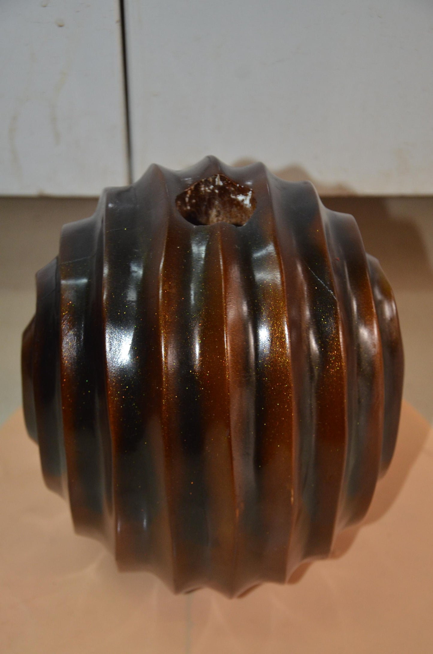 Spherical Wooden Ribbed Vase | Metallic Bronze Round Spiral Vessel