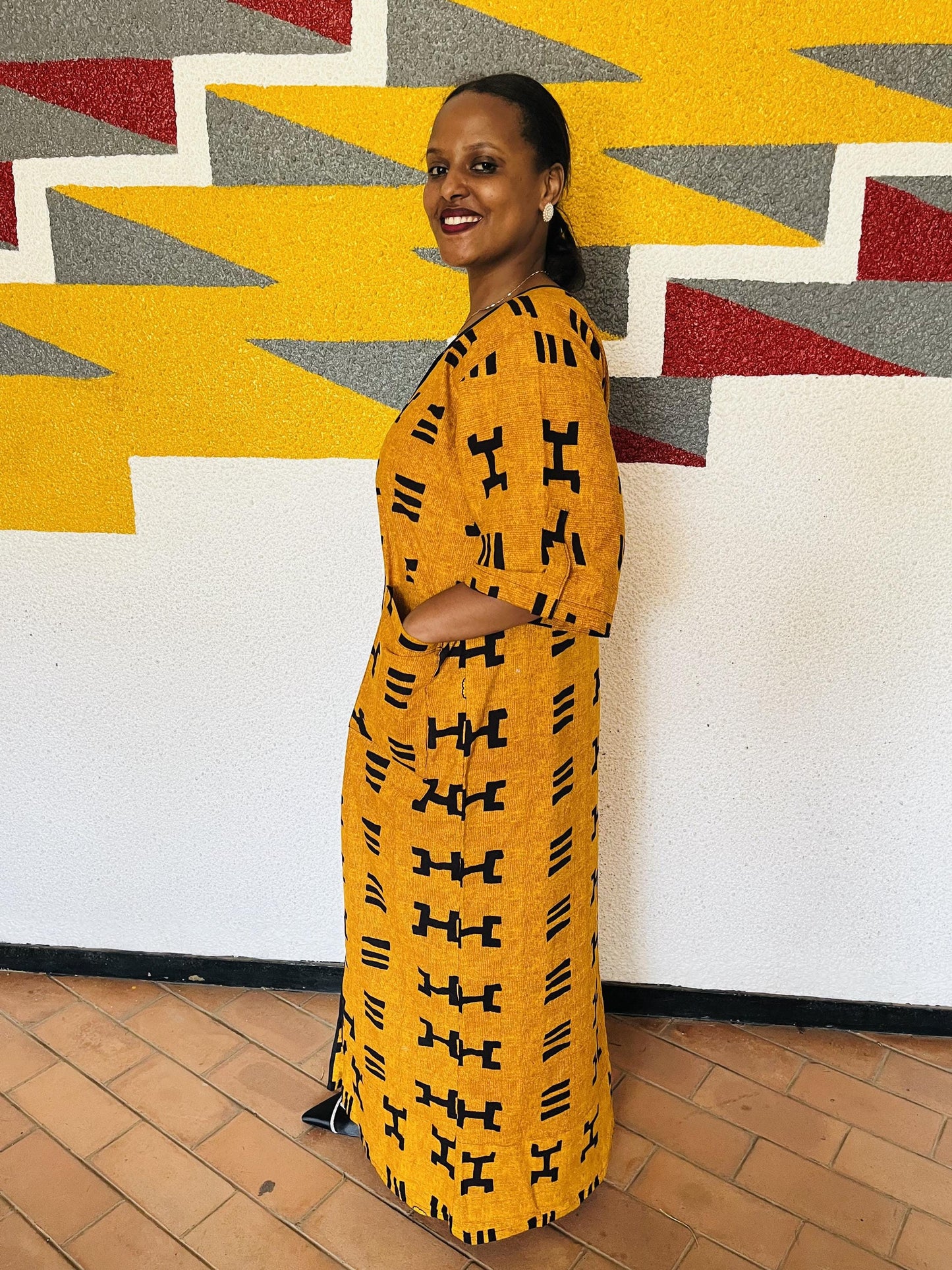 Mustard Yellow Graphic Shirt Kaftan | Buttoned Symbolic Boubou, Ochre Maxi