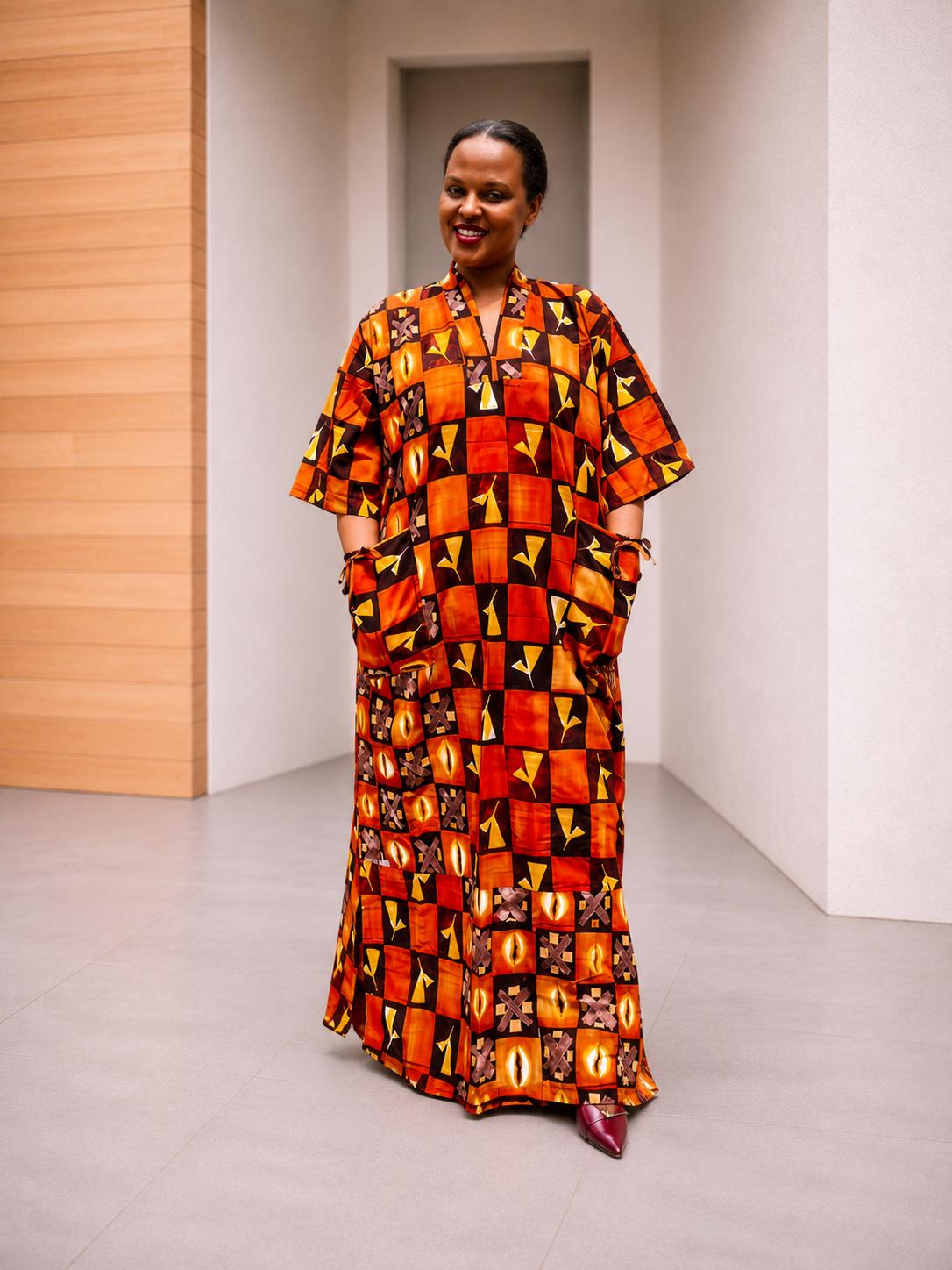 Mixed-Print Ankara Maxi Dress | Grid-Patterned African Boubou, Warm-Tone Patchwork