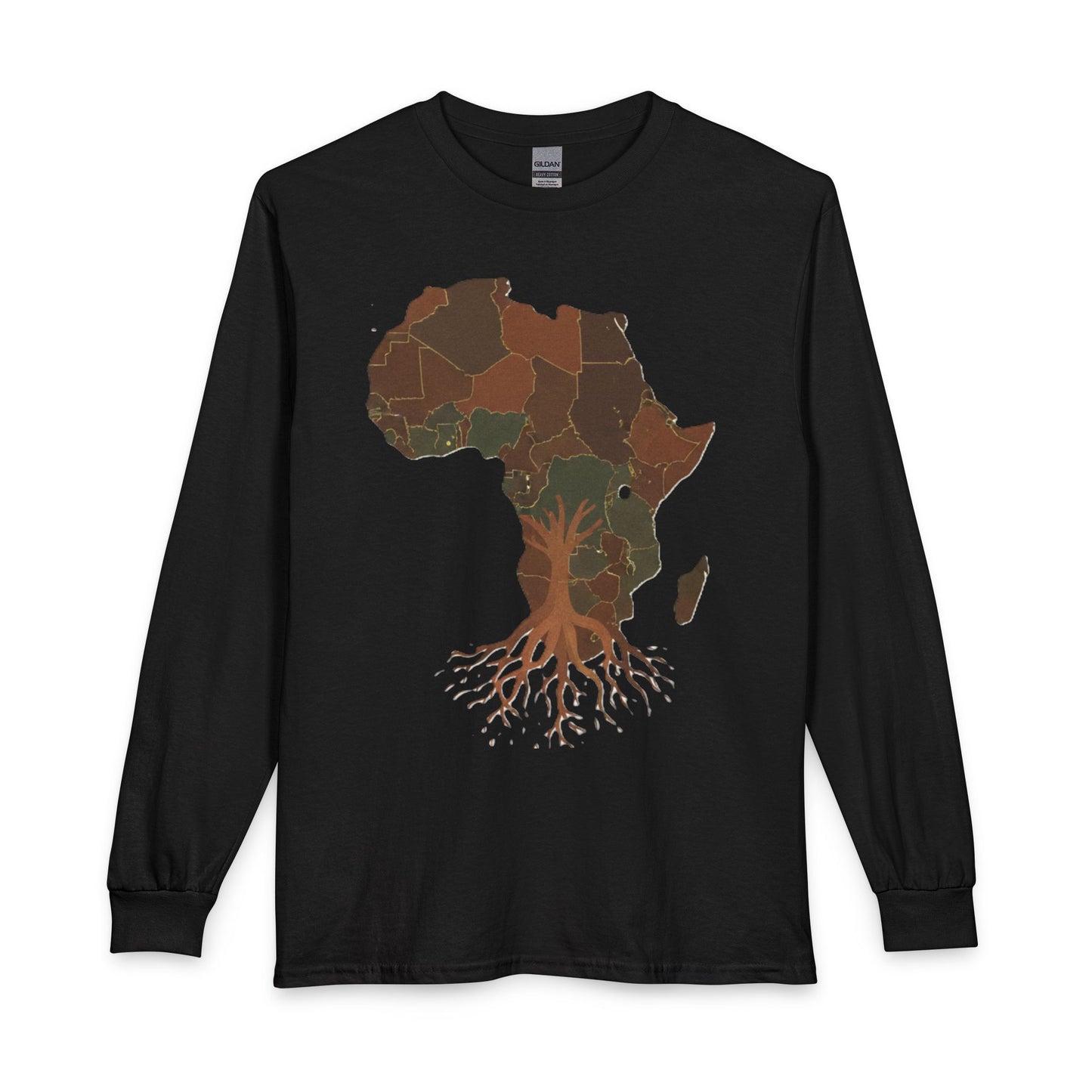 Africa Roots Long Sleeve Tee — Brown Map & Tree Roots Graphic