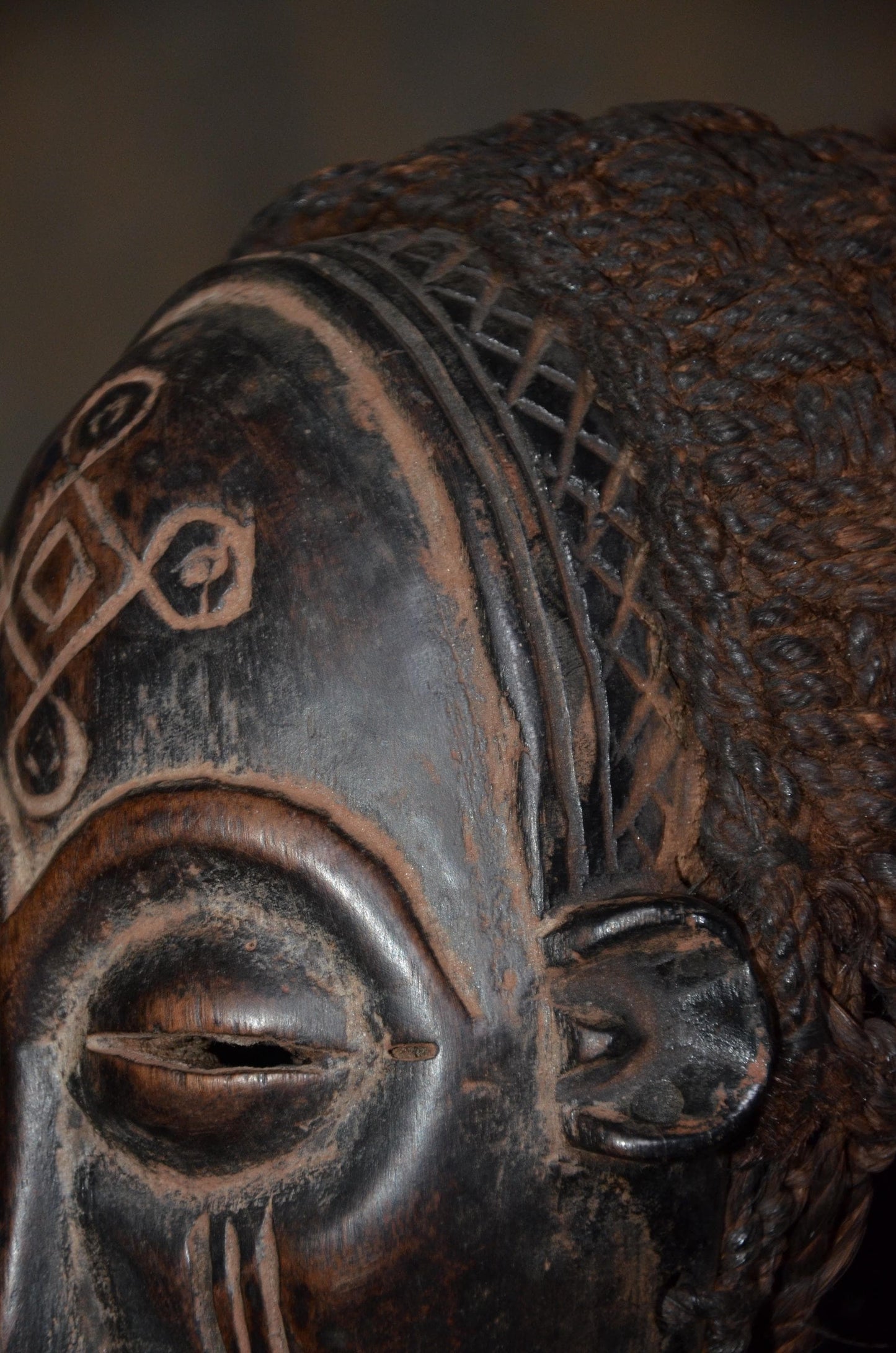 Authentic Chokwe Pwo Mask - 12" Hand-Carved Wood Female Ancestor Mask, Angolan Tribal Art, Woven Fiber Hair.