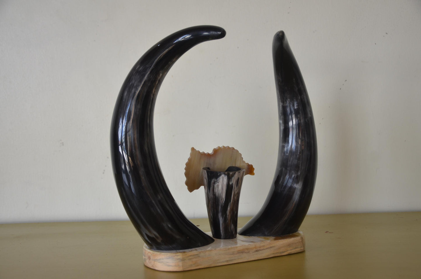 Handcrafted Rwandan Cow Horn Tabletop Sculpture | Authentic African Art Accent
