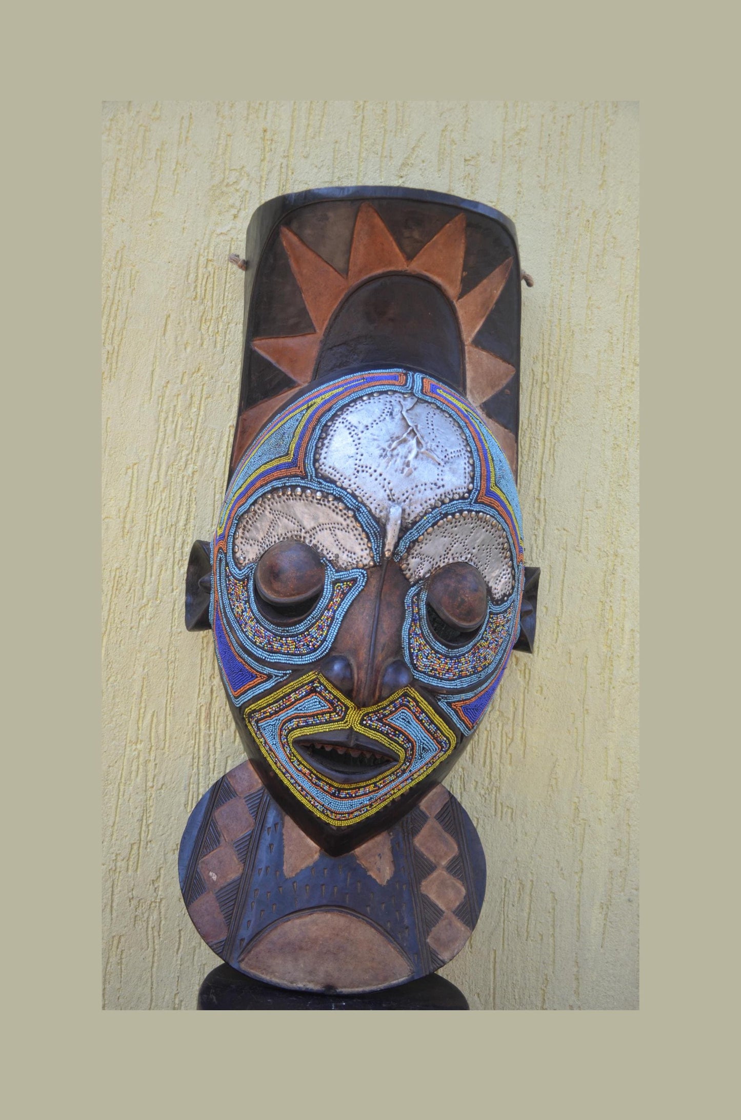 Marka African Mask – 34" Large Hand-Carved Wood & Brass Mask – Mali Wall Art.