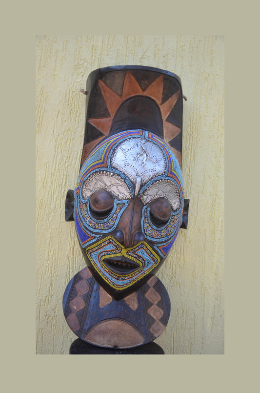 Marka African Mask – 34" Large Hand-Carved Wood & Brass Mask – Mali Wall Art.