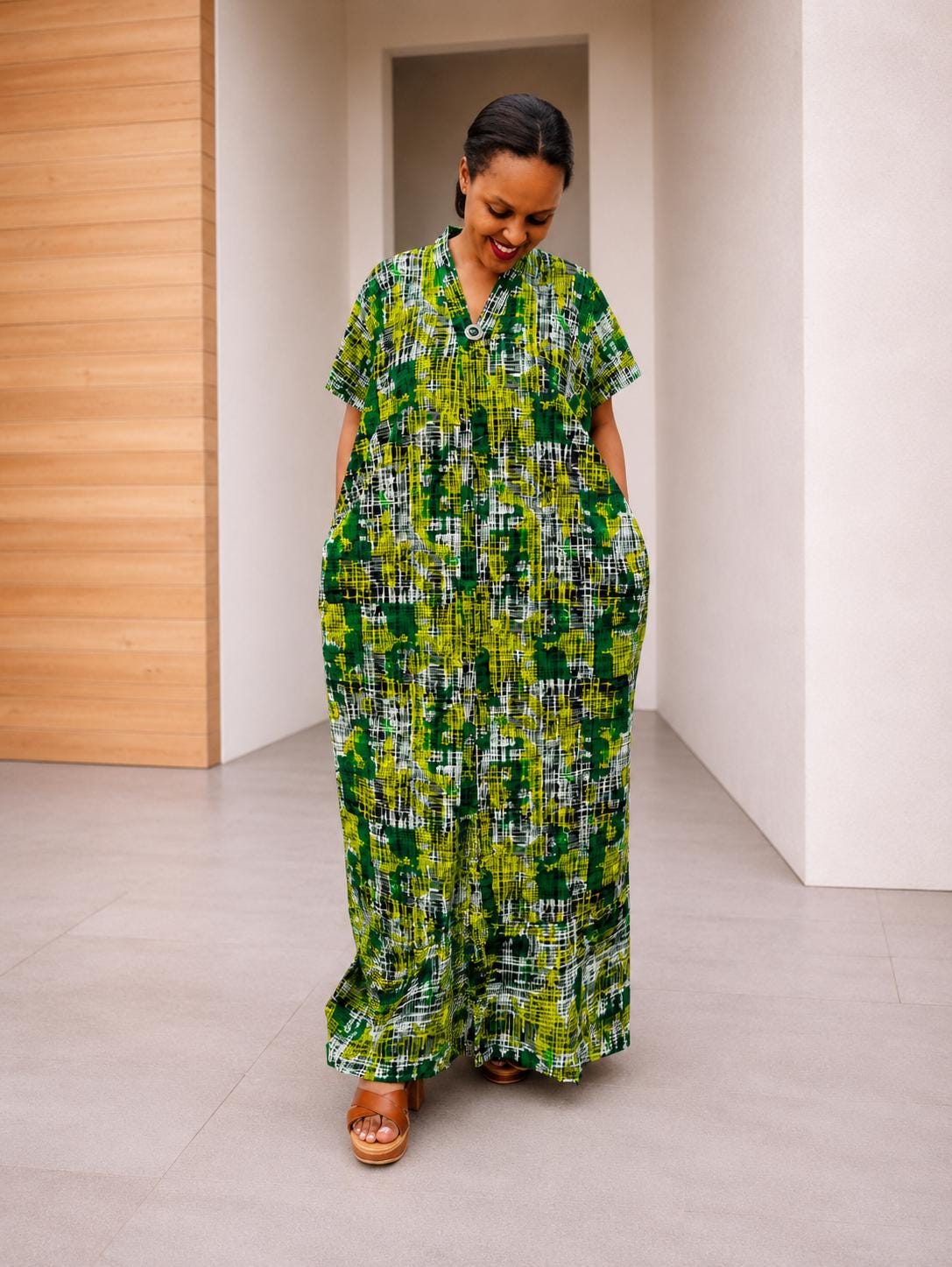 Crosshatch Kampala Boubou | Abstract Batik Kaftan Gown, Free-Size Silk Maxi