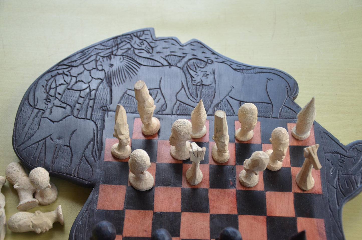 Makonde Animal-Themed Hand-Carved Wooden Chess Set | Tanzanian & Kenyan Artisan Game Board