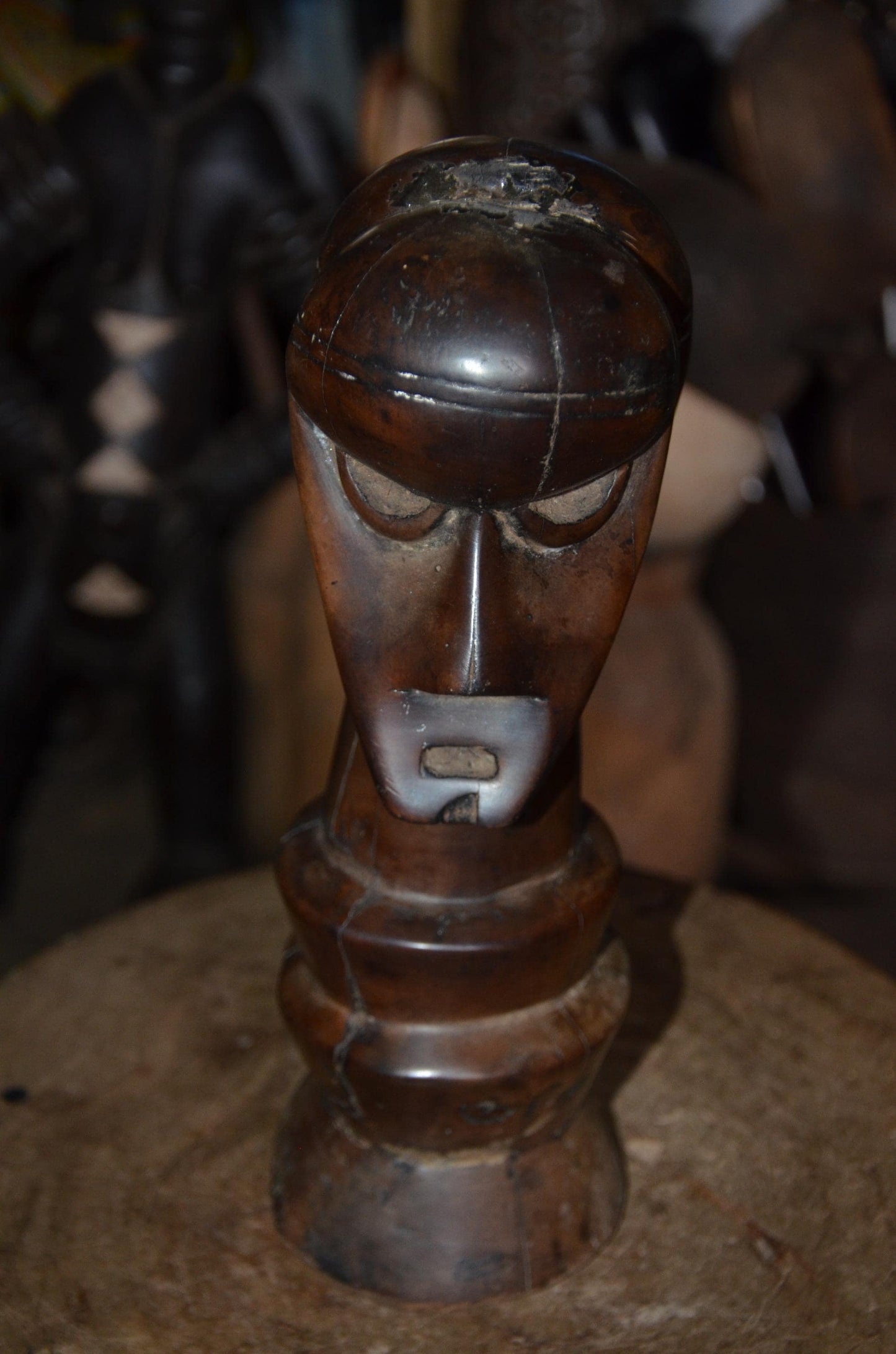 Authentic Songye Kifwebe Head Sculpture - 12" Hand-Carved Wood Ancestor Bust on Ringed Pedestal, Polished Mahogany Patina.