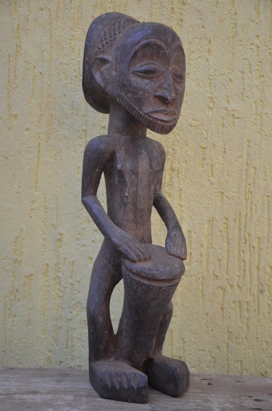 Luba Bowl Bearer – 16" Wooden African Figure – Congo Tribal Home Decor
