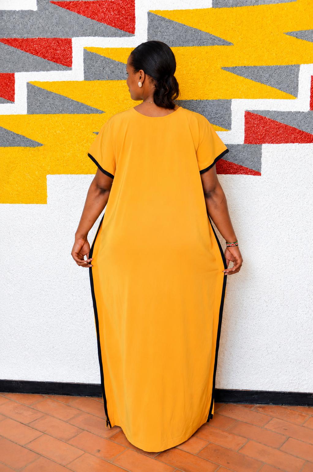 Minimalist Mustard Yellow Boubou Gown | Plain Kaftan with Patterned Placket, Solid Maxi
