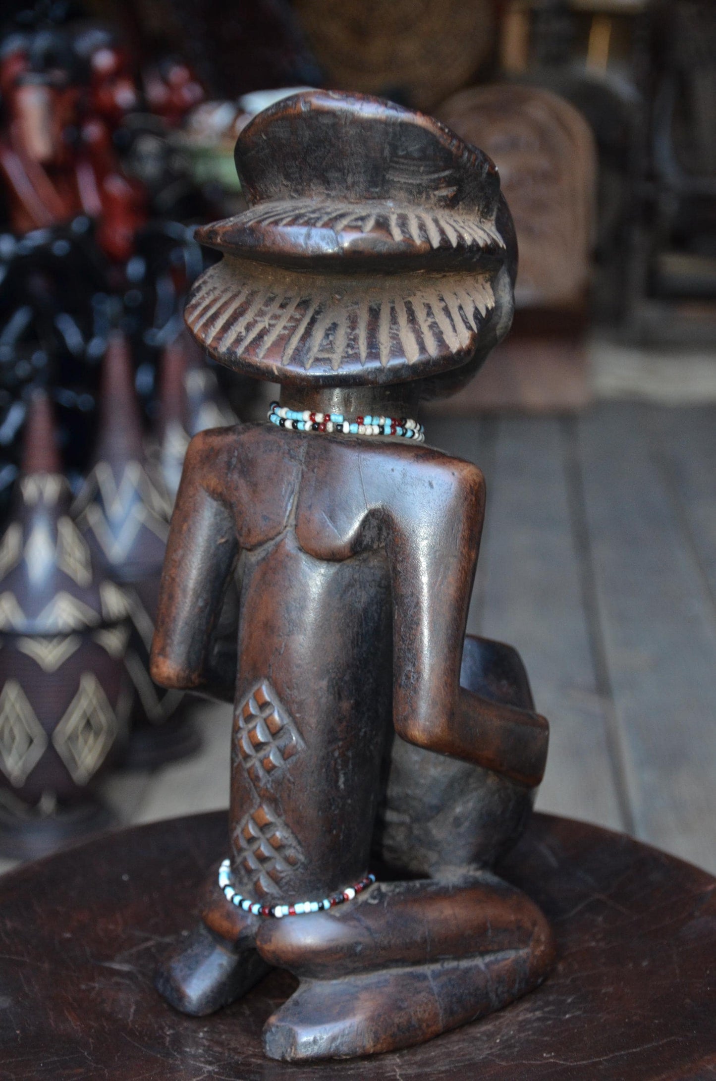 Authentic Luba Bowl-Bearer Statue - 14" Hand-Carved Wood Mboko Female Ancestor Sculpture, Devotional Figure with Bead Accent.