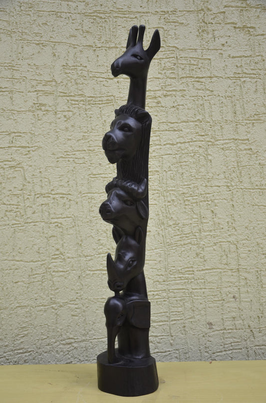 African Wooden Wildlife Totem Sculpture | Tiered Animal Art