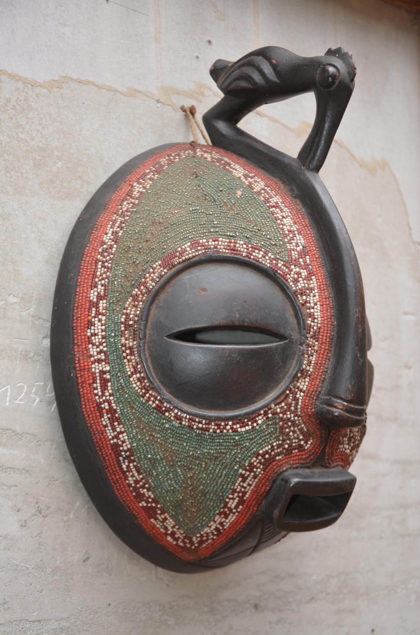 Authentic Beaded Luba Kifwebe Mask - 20" Hand-Carved Wood Striated African Mask, Congo Tribal Art, Glass Bead Accents Luxury Statement Piece